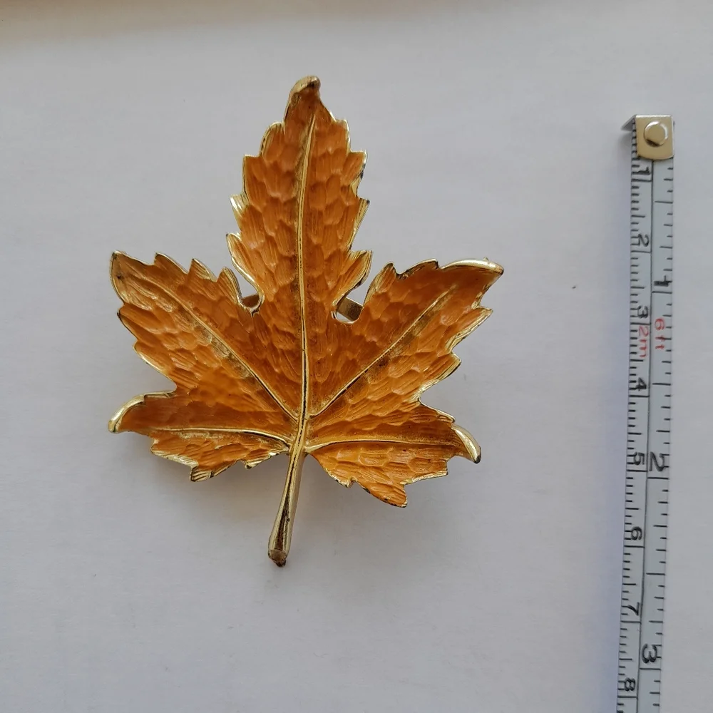 Vintage Gold Tone and Orange Leaf Brooch